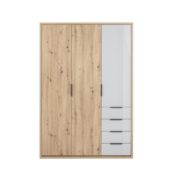 Vista frontale Armadio guardaroba  in legno colore "Rovere Artisan/Grigio Laccato" con 3 ante e 4 cassetti modello Aura Totò Piccinni