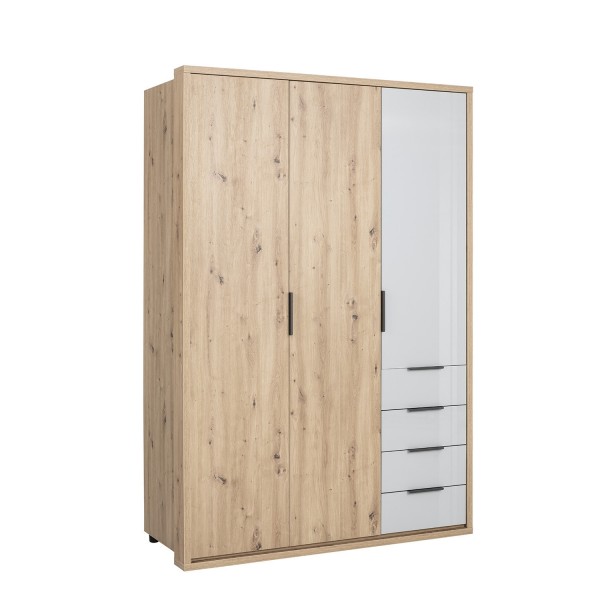 Vista diagonale Armadio in legno colore "Rovere Artisan/Grigio Laccato" con 3 ante e 4 cassetti modello Aura Totò Piccinni