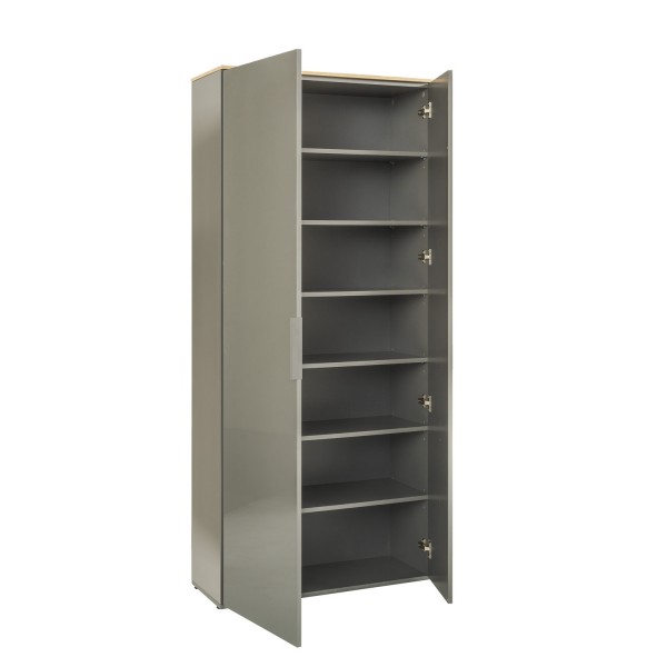 Vista diagonale Armadio moderno in legno colore "Grigio Laccato/Rovere Miele" 2 ante e 6 ripiani modello Zenit Totò Piccinni