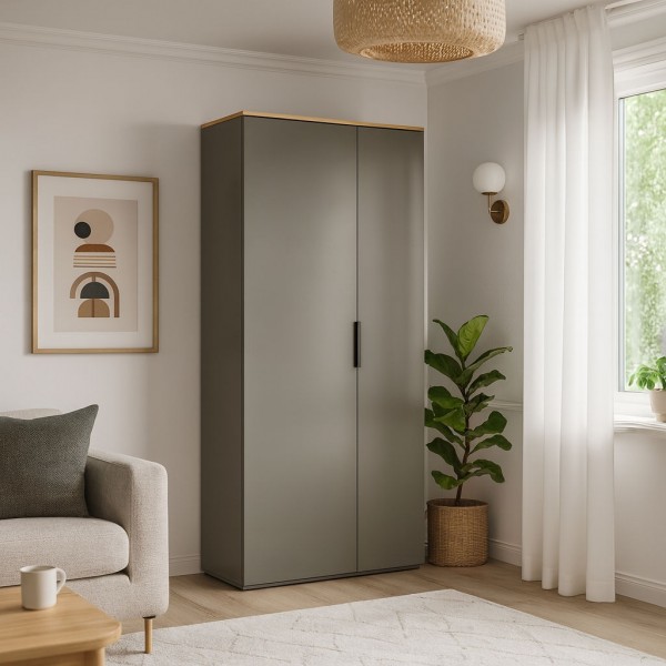 Vista ambientata Armadio guardaroba in legno colore "Grigio Laccato/Rovere Miele" 2 ante e 6 ripiani modello Zenit Totò Piccinni