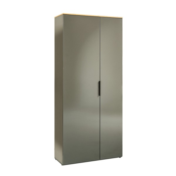 Vista diagonale Armadio guardaroba in legno colore "Grigio Laccato/Rovere Miele" 2 ante e 6 ripiani modello Zenit Totò Piccinni