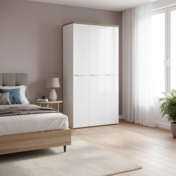 Vista ambientata Mobile armadio in legno colore Bianco laccato/Rovere riviera 6 ante modello Orbis Totò Piccinni