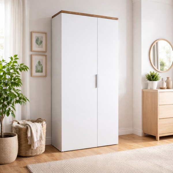 Vista ambientata Armadio multiuso in legno con 2 ante colore "bianco laccato/rovere riviera" modello Orbis Totò Piccinni