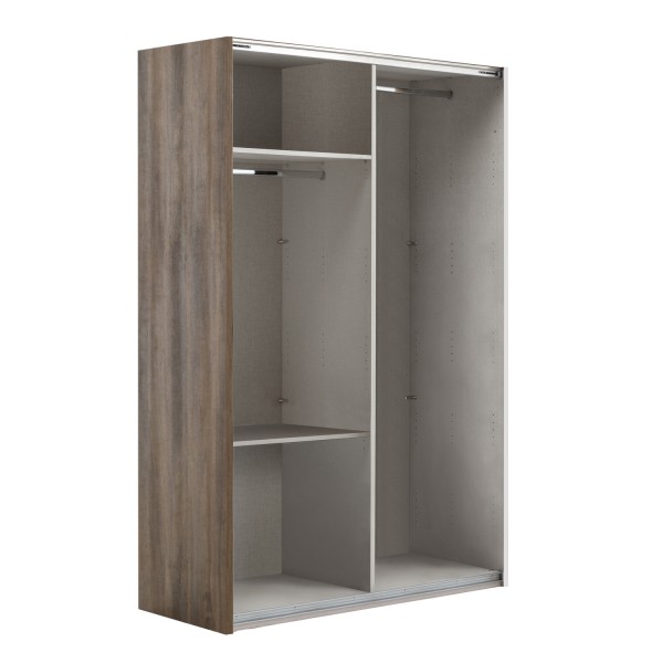 Vista diagonale senza ante Armadio da ingresso in legno struttura Noce Brera con 2 ante scorrevoli, 1 Bianco Opaco e 1 a Specchio modello Sliding Totò Piccinni