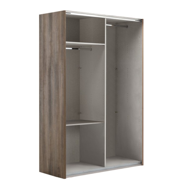 Vista diagonale senza ante Armadio da ingresso in legno struttura Noce Brera con 2 ante scorrevoli, 1 Bianco Lucido e 1 a Specchio modello Sliding Totò Piccinni