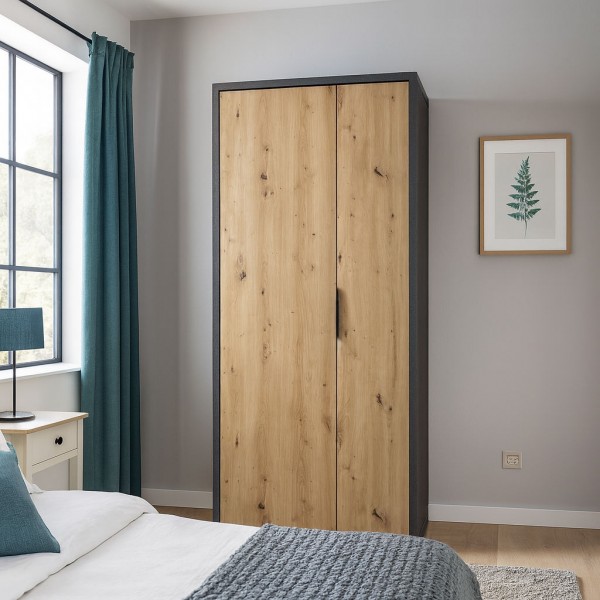 Vista ambientata Armadio guardaroba in legno colore "Grigio Cemento/Rovere Miele" 6 ripiani modello Dubai Totò Piccinni