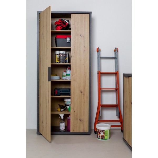 Vista ambientata Armadio in legno colore "Grigio Cemento/Rovere Miele" 6 ripiani modello Dubai Totò Piccinni