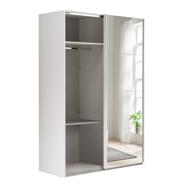 Vista diagonale con anta aperta Armadio in legno struttura Bianco con 2 ante scorrevoli, 1 Bianco Opaco e 1 a Speccio modello Sliding Totò Piccinni