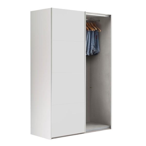 Vista diagonale con anta aperta Armadio classico in legno struttura Bianco con 2 ante scorrevoli, 1 Bianco Opaco e 1 a Speccio modello Sliding Totò Piccinni
