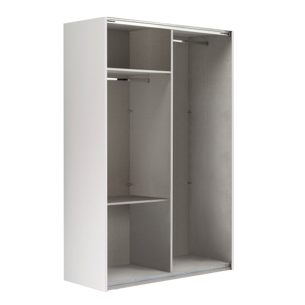 Vista diagonale senza ante Armadio da ingresso in legno struttura Bianco con 2 ante scorrevoli, 1 Bianco Opaco e 1 a Speccio modello Sliding Totò Piccinni