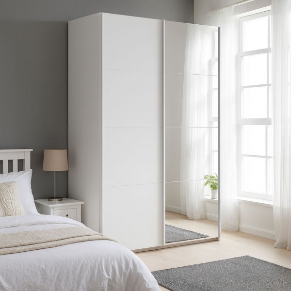 Vista ambientata con ante chiuse Armadio moderno in legno struttura Bianco con 2 ante scorrevoli, 1 Bianco Opaco e 1 a Speccio modello Sliding Totò Piccinni