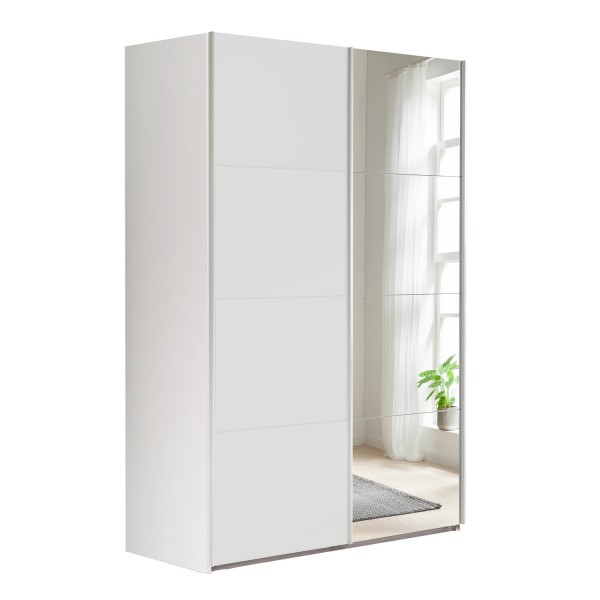 Vista diagonale con ante chiuse Armadio moderno in legno struttura Bianco con 2 ante scorrevoli, 1 Bianco Opaco e 1 a Speccio modello Sliding Totò Piccinni