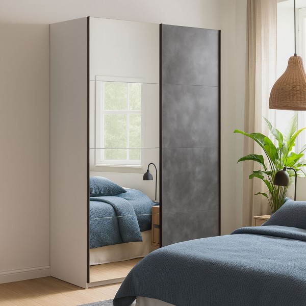 Vista ambientata con ante chiuse Armadio moderno in legno struttura Bianco con 2 ante scorrevoli, 1 anta Cemento e 1 a Specchio  modello Sliding Totò Piccinni