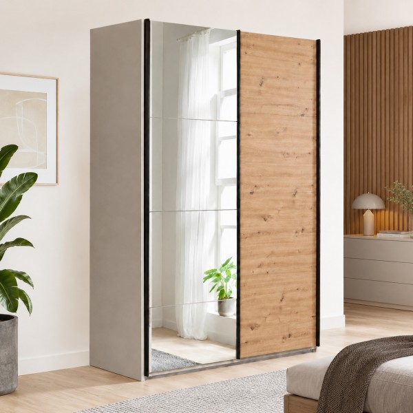 Vista ambientata con ante chiuse Armadio moderno in legno struttura Cashmere con 2 ante rovere artisan e specchio modello Sliding Totò Piccinni