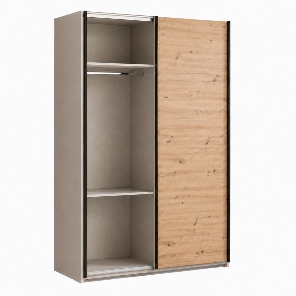 Vista diagonale con anta aperta Armadio in legno struttura Cashmere con 2 ante scorrevoli a rovere artisan e specchio modello Sliding Totò Piccinni
