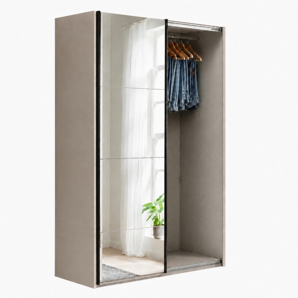 Vista diagonale con anta aperta Armadio ante scorrevoli in legno struttura Cashmere con 2 ante scorrevoli a rovere artisan e specchio modello Sliding Totò Piccinni