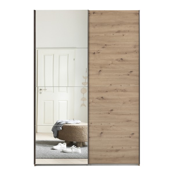 Vista frontale Armadio camera da letto in legno struttura Rovere Artisan con 2 ante scorrevoli, 1 Rovere Artisan e 1 a specchio modello Sliding Totò Piccinni