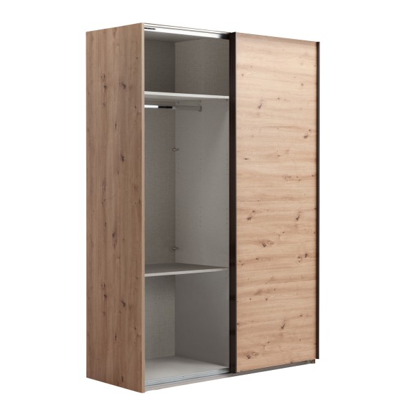 Vista diagonale con anta aperta Armadio in legno struttura Rovere Artisan con 2 ante scorrevoli, 1 Rovere Artisan e 1 a specchio modello Sliding Totò Piccinni