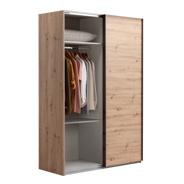 Vista diagonale con anta aperta Armadio classico in legno struttura Rovere Artisan con 2 ante scorrevoli, 1 Rovere Artisan e 1 a specchio modello Sliding Totò Piccinni