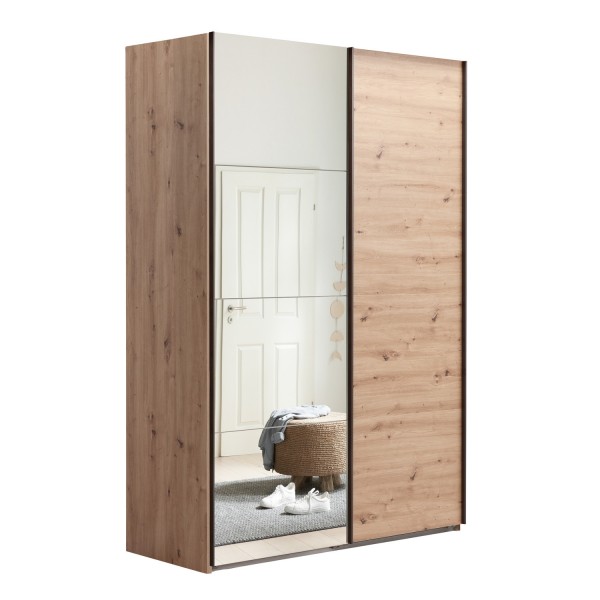 Vista diagonale con ante chiuse Armadio moderno in legno struttura Rovere Artisan con 2 ante scorrevoli, 1 Rovere Artisan e 1 a specchio modello Sliding Totò Piccinni