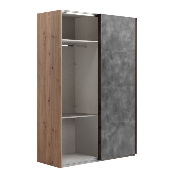 Vista diagonale con anta aperta Armadio in legno struttura Rovere Artisan con 2 ante scorrevoli, 1 Cemento e 1 a specchio modello Sliding Totò Piccinni