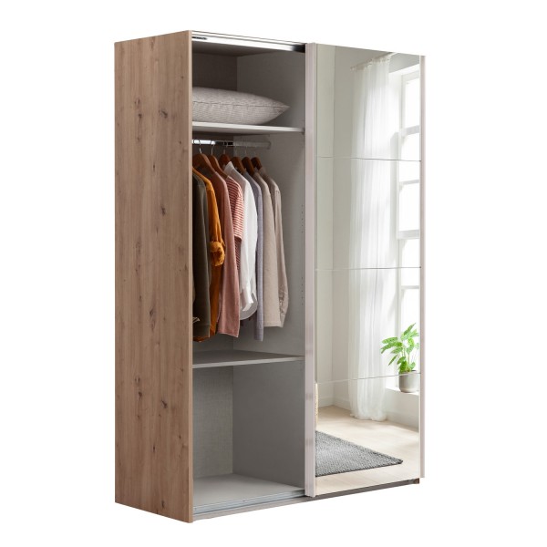 Vista diagonale con anta aperta Armadio classico in legno struttura Rovere Artisan con 2 ante scorrevoli,1 Bianco Lucido e 1 a specchio  modello Sliding Totò Piccinni