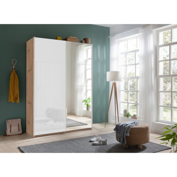 Vista ambientata Armadio design in legno struttura Rovere Artisan con 2 ante scorrevoli,1 Bianco Lucido e 1 a specchio  modello Sliding Totò Piccinni