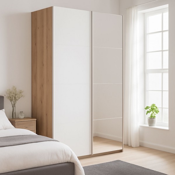 Vista ambientata con ante chiuse Armadio moderno in legno struttura Rovere Artisan con 2 ante scorrevoli,1 Bianco Lucido e 1 a specchio  modello Sliding Totò Piccinni