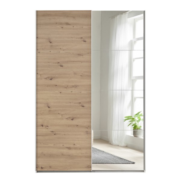 Vista frontale Armadio camera da letto in legno struttura Bianca con due ante scorrevoli, 1 Rovere Artisan e 1 a Specchio modello Sliding Totò Piccinni