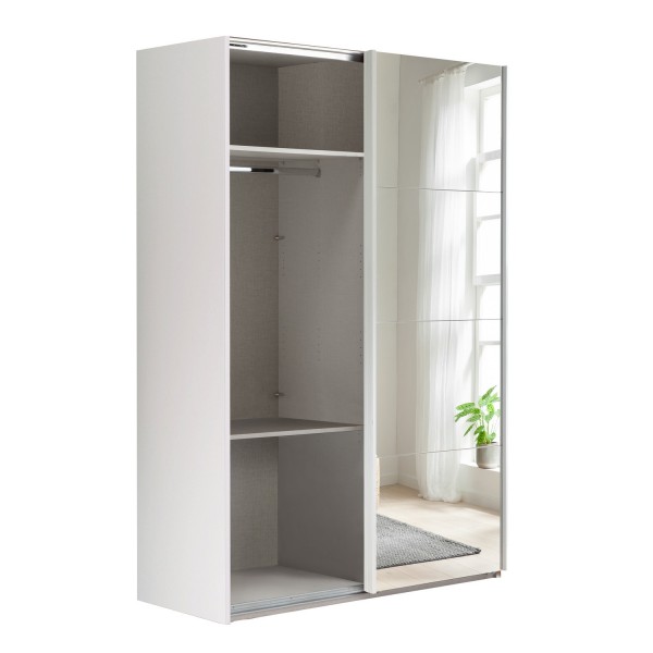 Vista diagonale con anta aperta Armadio moderno  in legno struttura Bianca con due ante scorrevoli, 1 Rovere Artisan e 1 a Specchio modello Sliding Totò Piccinni