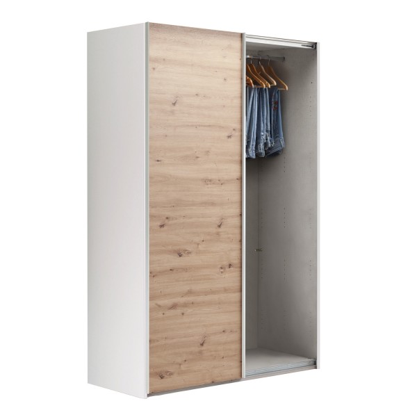Vista diagonale con 1 anta aperta Armadio classico in legno struttura Bianca con due ante scorrevoli, 1 Rovere Artisan e 1 a Specchio modello Sliding Totò Piccinni