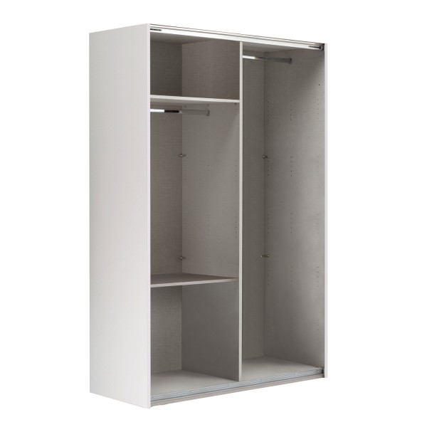 Vista diagonale senza ante Armadio ante scorrevoli in legno struttura Bianca con due ante scorrevoli, 1 Rovere Artisan e 1 a Specchio modello Sliding Totò Piccinni