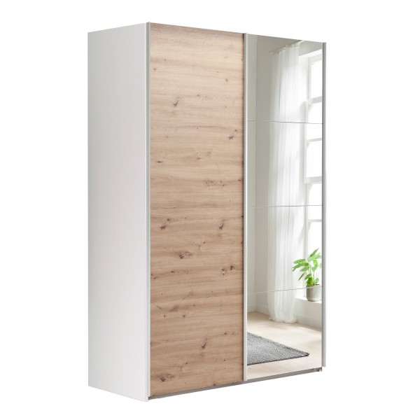 Vista diagonale Armadio in legno struttura Bianca con due ante scorrevoli, 1 Rovere Artisan e 1 a Specchio modello Sliding Totò Piccinni