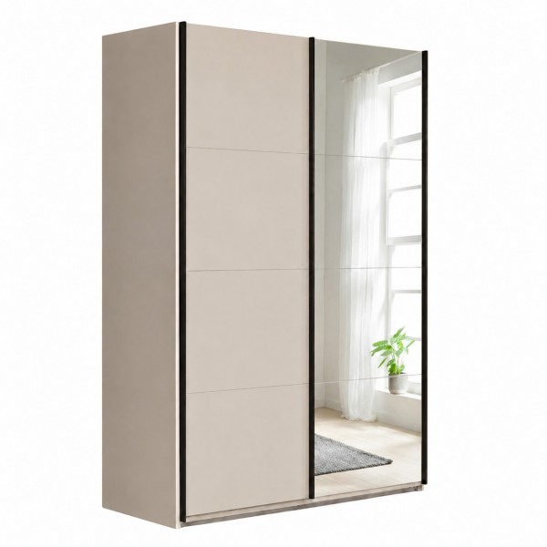 Vista diagonale con ante chiuse Armadio moderno in legno struttura Cashmere con 2 ante cashmere lucido e specchio modello Sliding Totò Piccinni