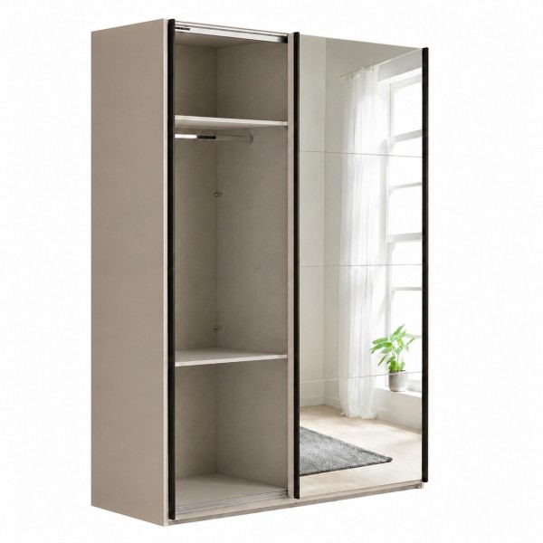 Vista diagonale con anta aperta Armadio in legno struttura Cashmere con 2 ante scorrevoli a cashmere lucido e specchio modello Sliding Totò Piccinni