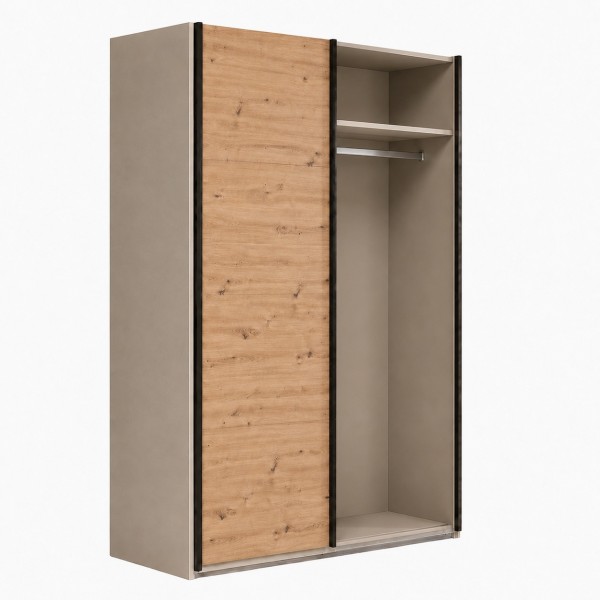 Vista diagonale con anta aperta Armadio ante scorrevoli in legno struttura Cashmere con 2 ante scorrevoli a rovere artisan modello Sliding Totò Piccinni