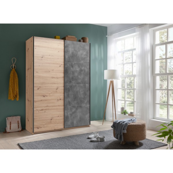 Vista ambientata Armadio design in legno struttura Rovere Artisan con 2 ante scorrevoli, 1 Cemento e 1 Rovere Artisan  modello Sliding Totò Piccinni