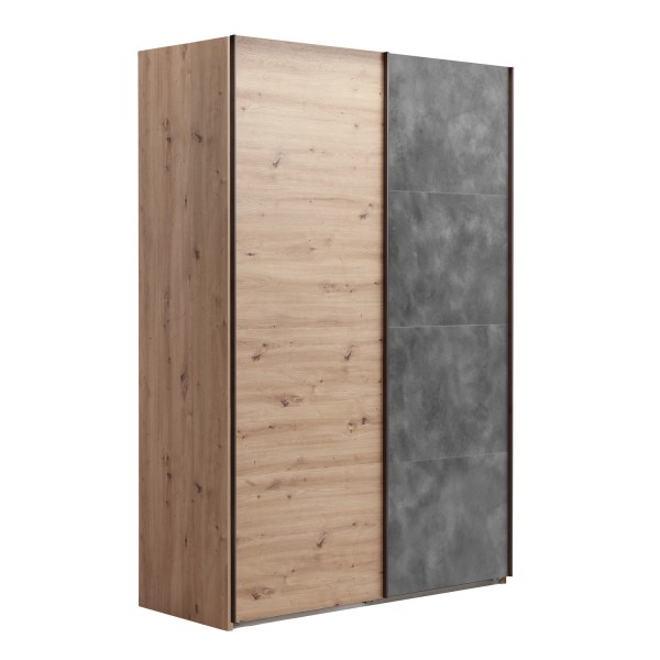 Vista diagonale con ante chiuse Armadio moderno in legno struttura Rovere Artisan con 2 ante scorrevoli, 1 Cemento e 1 Rovere Artisan  modello Sliding Totò Piccinni