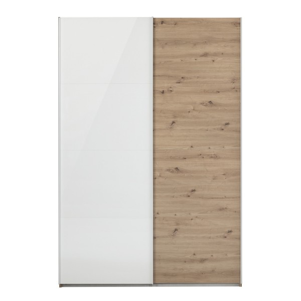 Vista frontale Armadio camera da letto  in legno struttura Rovere Artisan con 2 ante scorrevoli 1 Bianco Lucido e 1 Rovere Artisan modello Sliding Totò Piccinni