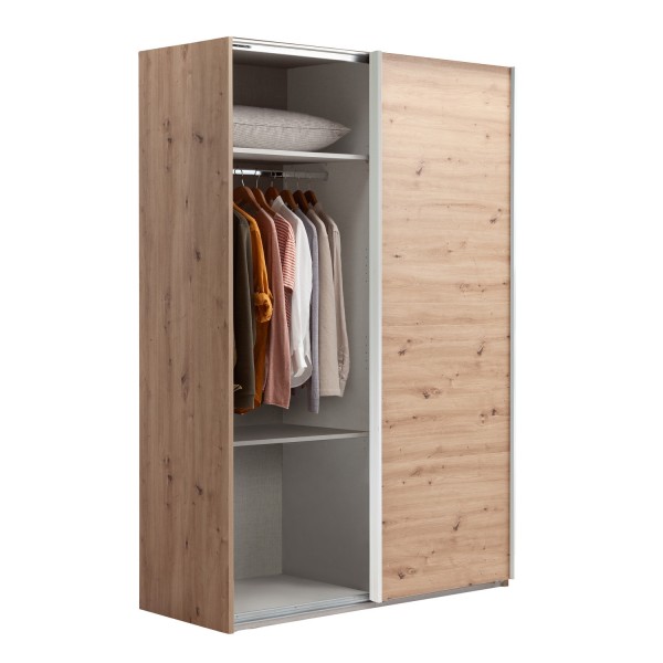 Vista diagonale con anta aperta Armadio classico  in legno struttura Rovere Artisan con 2 ante scorrevoli 1 Bianco Lucido e 1 Rovere Artisan modello Sliding Totò Piccinni