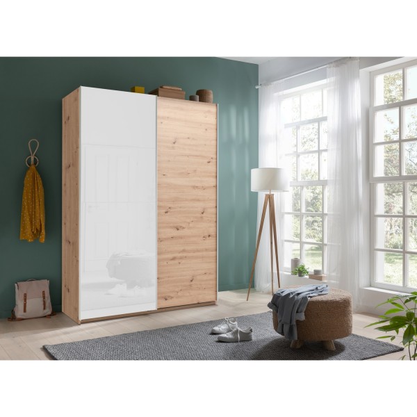 Vista ambientata Armadio design in legno struttura Rovere Artisan con 2 ante scorrevoli 1 Bianco Lucido e 1 Rovere Artisan modello Sliding Totò Piccinni