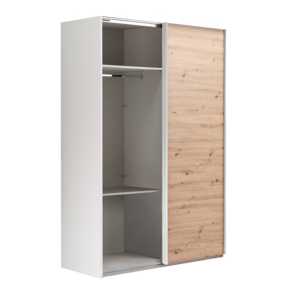 Vista diagonale con anta aperta Armadio moderno in legno struttura Bianca con due ante scorrevoli Rovere Artisan modello Sliding Totò Piccinni