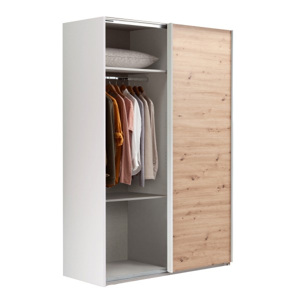 Vista diagonale con 1 anta aperta Armadio da ingresso in legno struttura Bianca con due ante scorrevoli Rovere Artisan modello Sliding Totò Piccinni