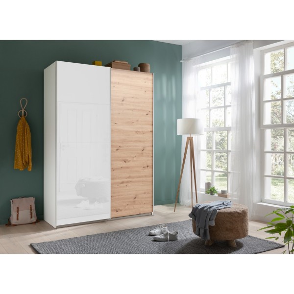 Vista ambientata Armadio guardaroba design in legno struttura Bianca con due ante scorrevoli, 1 Rovere Artisan e 1 Bianco Lucido modello Sliding Totò Piccinni