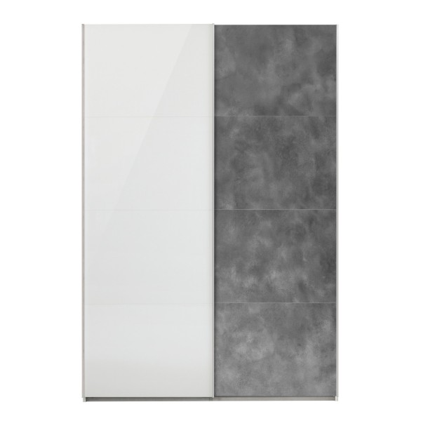 Vista frontale Armadio camera da letto in legno struttura Bianco con 2 ante scorrevoli, 1 Bianco Lucido e 1 Cemento  modello Sliding Totò Piccinni