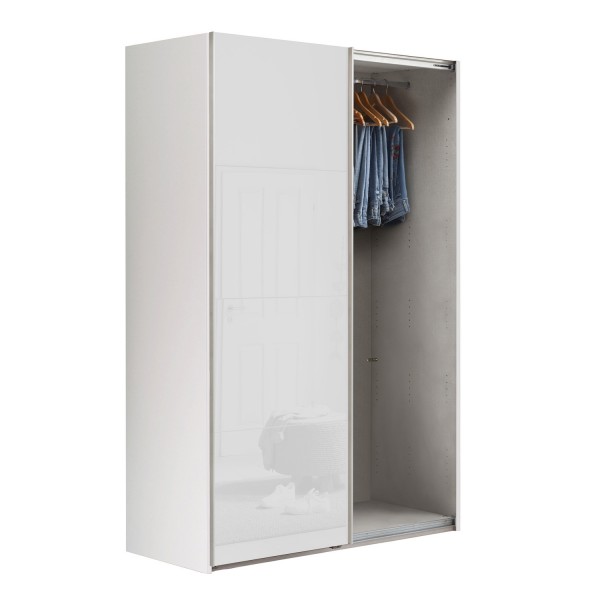 Vista diagonale con anta aperta Armadio classico in legno struttura Bianco con 2 ante scorrevoli, 1 Bianco Lucido e 1 Cemento  modello Sliding Totò Piccinni