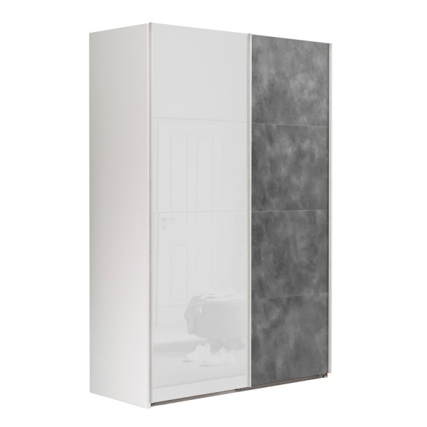 Vista diagonale con ante chiuse Armadio moderno in legno struttura Bianco con 2 ante scorrevoli, 1 Bianco Lucido e 1 Cemento  modello Sliding Totò Piccinni