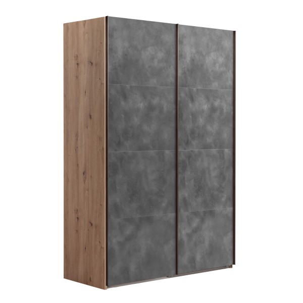 Vista diagonale con ante chiuse Armadio moderno in legno struttura Rovere Artisan con 2 ante scorrevoli Cemento modello Sliding Totò Piccinni