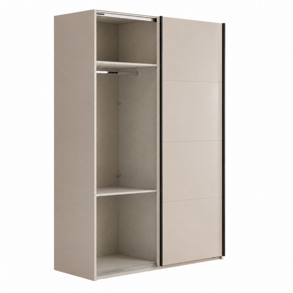 Vista diagonale con anta aperta Armadio in legno struttura Cashmere con 2 ante scorrevoli a cashmere lucido modello Sliding Totò Piccinni