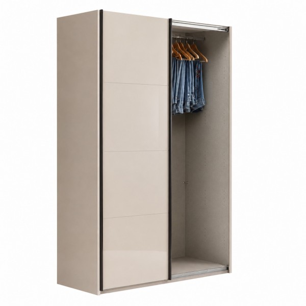 Vista diagonale con anta aperta Armadio ante scorrevoli in legno struttura Cashmere con 2 ante scorrevoli a cashmere lucido modello Sliding Totò Piccinni